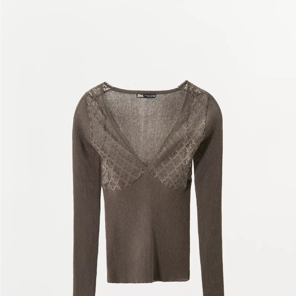 Zara Brown Knit V-Neck top with Ribbed Trim